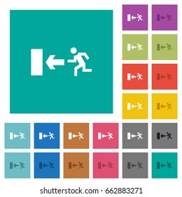Exit sign multi colored flat icons on plain square backgrounds. Included white and darker icon variations for hover or active effects.