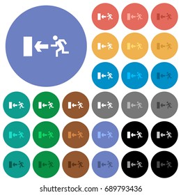 Exit sign multi colored flat icons on round backgrounds. Included white, light and dark icon variations for hover and active status effects, and bonus shades on black backgounds.