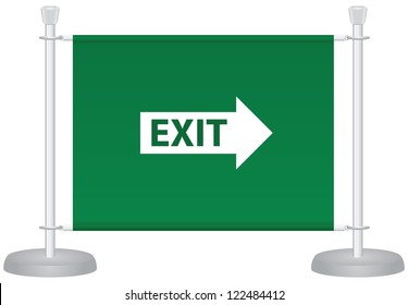 Exit sign on the barrier fabric placed on metal racks. Vector illustration.
