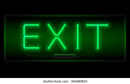 Exit sign. Realistic neon inscription. Glowing font. Vector illustration.