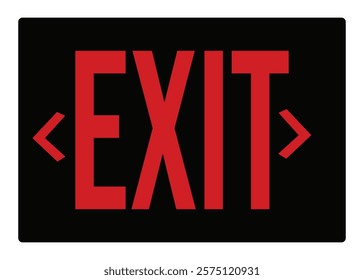 exit sign, red text on black background, bold typography, emergency signage, high contrast, minimalist design, safety indicator, directional arrows, illuminated appearance.