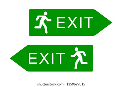Exit sign with running man icon, green emergency exit door sign, isolated on white background, vector illustration.