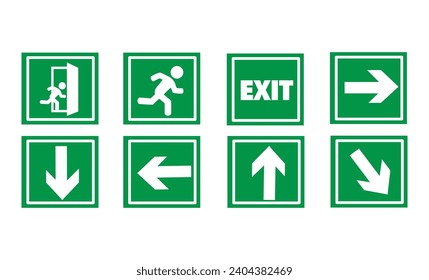 Exit sign set Emergency and fire exit icons Man running out arrow green background Isolated
