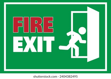 Exit sign set. Emergency and fire exit icons. Man running out arrow, green background. Isolated