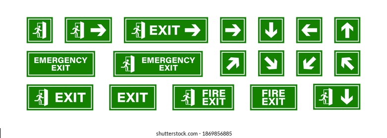 Juego de signos de salida. Iconos de emergencia y salida de emergencia. Hombre corriendo flecha, fondo verde. Ilustración vectorial aislada.