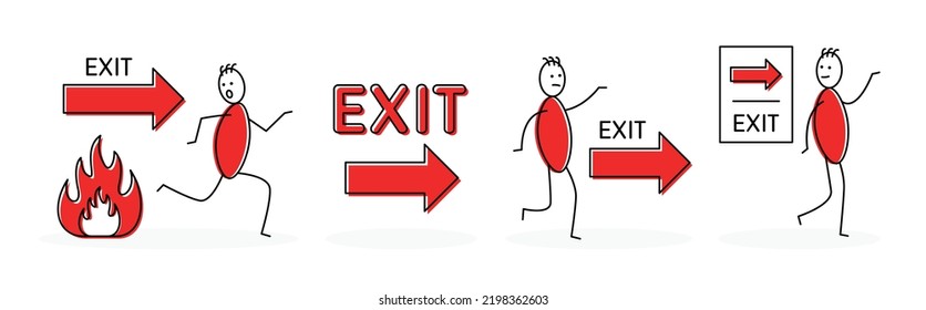Exit sign set. Fire exit symbol. Stickman with exit text sign vector illustration.