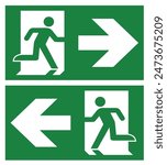 EXIT SIGN Vector Illustration, Emergency exit sign set. Man running out fire exit. Running man and exitdoor sign. Escape help evacuation safety symbol, right and left exit sign