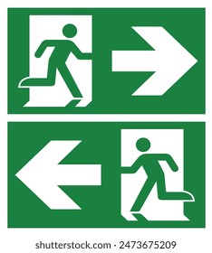 EXIT SIGN Vector Illustration, Emergency exit sign set. Man running out fire exit. Running man and exitdoor sign. Escape help evacuation safety symbol, right and left exit sign