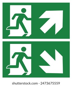 VEKTORILLUSTRATION EXIT SIGN, Vorzeichensatz für Notausgänge. Mann, der den Ausgang des Feuers verlor. Laufender Mann und Außenschild. Fluchthilfe Evakuierung Sicherheitssymbol, Pfeil nach oben und unten