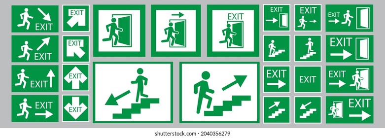 Exit signs. Evacuation symbol. Safety notice. White backdrop. Green background. Vector illustration. Stock image.