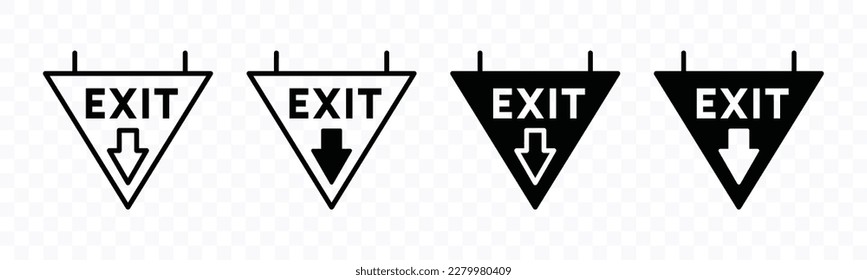 Exit signs. Out arrow, escape, go out signs. Direction, way, guide, clue, guidance, hint, instruction, information, evacuation symbol. Vector illustration