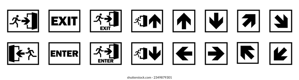 Exit signs. Running man and exit door sign. Direction arrows with inscriptions.