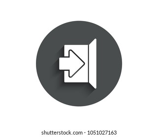 Exit simple icon. Open door sign. Entrance symbol with arrow. Circle flat button with shadow. Vector