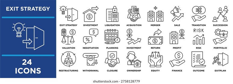 Exit Strategy icon set featuring exit, strategy, divestment, liquidation, acquisition, merger, sale, transition, succession. outline style vector