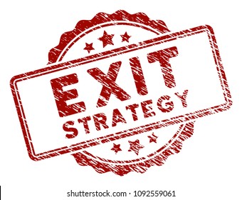 Exit Strategy rubber stamp seal. Vector element with distress design and corroded texture in red color. Designed for overlay watermarks and distressed seal imitations.