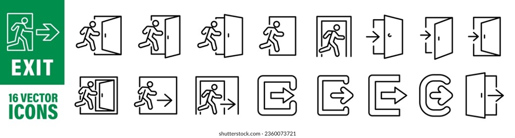 Conjunto de símbolos de salida. Juego de iconos de evacuación. Estilo lineal.