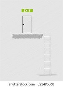exit text, closed door in top and ladder, crosshatched image