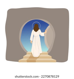 Exit from tomb cave place of burial. Ascension of Messiah. Jesus Christ son of God