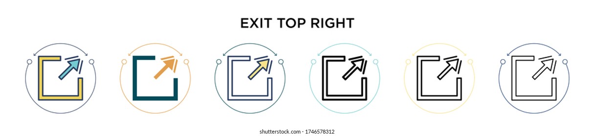 Exit top right icon in filled, thin line, outline and stroke style. Vector illustration of two colored and black exit top right vector icons designs can be used for mobile, ui, web