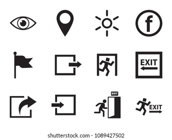 Exit vector icons set with map pointer, exit sign and video monitoring. Thirteen simple icons