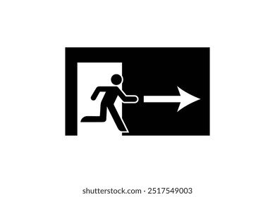 Exit vector illustration shows a person running through an open door towards a right-pointing arrow. The design represents an emergency escape or evacuation route.