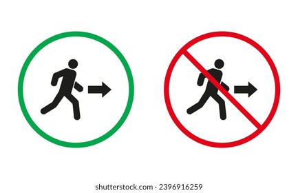 Signo de advertencia de salida. Evacuación en la construcción de un conjunto de iconos de silueta. Manera De Emergencia Permitida, Escape Símbolo Prohibido. Ilustración de vectores aislados.