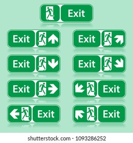 Exit way sign inform spacial way to leave form damage area and building.Exit sign with narrow that indicate the best exit door.Green exit way sign with white alphabet.