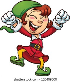 Exited Christmas elf dancing, Vector clip art illustration with simple gradients. All in a single layer.