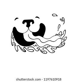 Exited drooling dog face. Black and white graphic. Isolated vector illustration.