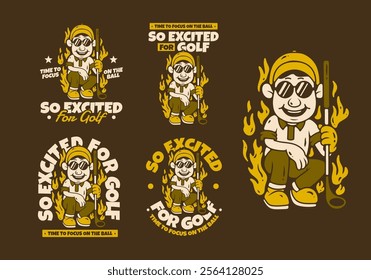 So exited for golf. Golf boy character with fire flame illustration design. retro vintage colors