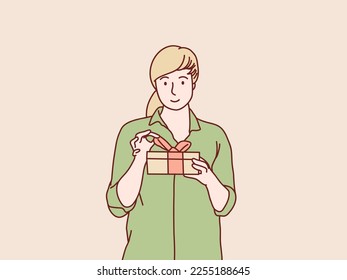 Exited happy cheerful girl get open gift box simple korean style illustration