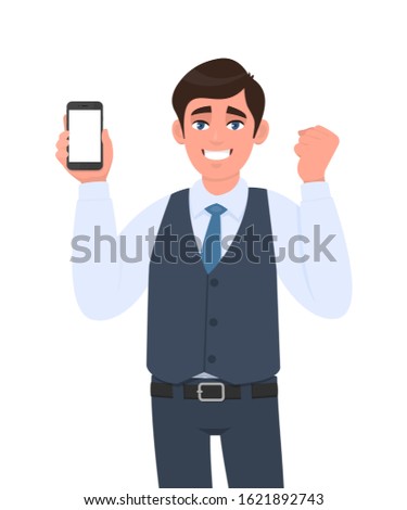 Exited man in vest suit showing mobile, cell or smartphone and gesturing raised arm fist sign. Person celebrating success. Male character holding gadget. Modern technology lifestyle in vector cartoon.