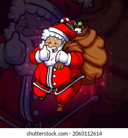 The exited santa with a lot of gift esport logo design of illustration