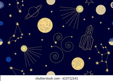 Exiting cosmic travel. Abstract vector background with space ships and planets.