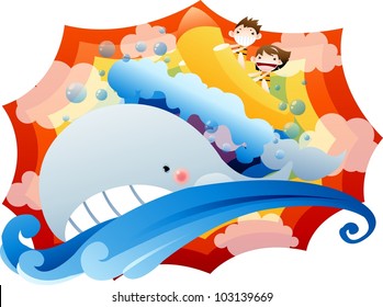 Exiting Summer Vacation and Happy Travel - playing water recreation with cute little couple in pretty fantasy land on a background of abstract colorful rainbow