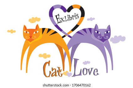 Exlibris Cat Love. Valentine's Day.