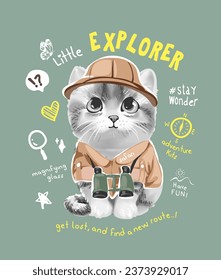 exlorer slogan with cartoon kitten in safari uniform vetor illustration