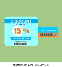 Exlusive sale coupon discount. 15% price offer, promo code gift voucher and coupons template. Vector illustration.