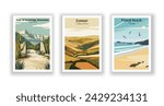 Exmoor, National Park. Fistral beach. Gate of Guadalupe Mountains, National Park - Vintage travel poster. Vector illustration. High quality prints