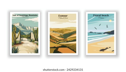 Exmoor, National Park. Fistral beach. Gate of Guadalupe Mountains, National Park - Vintage travel poster. Vector illustration. High quality prints