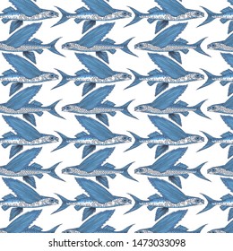 Exocoetidae or Flying fish hand drawing vintage engraving vector illustration. Fresh seafood restaurant seamless pattern. Marine fishing isolated background