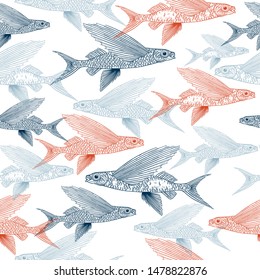 Exocoetidae or Flying fish hand drawing vintage engraving vector illustration. Fresh seafood restaurant seamless pattern. Marine fishing isolated background