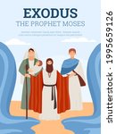 Exodus banner or poster template with Moses leading israelites from Egypt and splitting the sea, flat vector illustration. Exodus of Jewish Passover Bible narrative.
