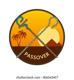 Exodus Concept Illustration for Jewish Religion Holiday Passover, Pesach, the Rod of Pharaoh Against the Staff of Moses, Egypt Desert with Pyramids and Palms, with English text