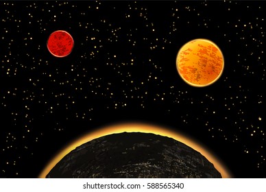 Exoplanets or  extrasolar planets. Vector illustration. Universe filled with stars.