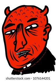 Exorcist with the face of a demon uses a rosary with the cross