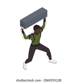 Exoskeleton bionics isometric composition with isolated character of black boy wearing bionic suit raising hands with heavy brick vector illustration