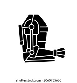 Icono de glifo negro exoskeleton. prótesis médica avanzada. Dispositivo progresivo. Tecnología futurista. Aumento del cuerpo. Símbolo de silueta en el espacio blanco. Ilustración aislada del vector