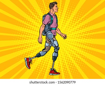 exoskeleton for the disabled. A man legless veteran walks. rehabilitation treatment recovery. science and technology. pop art retro vector illustration kitsch vintage drawing 50s 60s