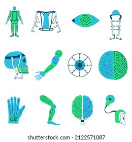 Icono plano de Exoskeleton fijado en fondo blanco. 12 iconos vectoriales ayudan a los dispositivos. Gráficos web de tecnología futura